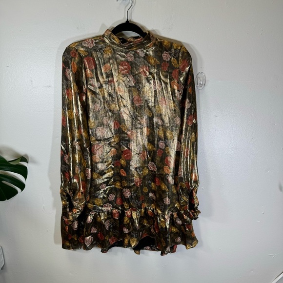 ZARA metallic floral long sleeve shift dress mock neck ruffle retro rose small - Picture 3 of 16